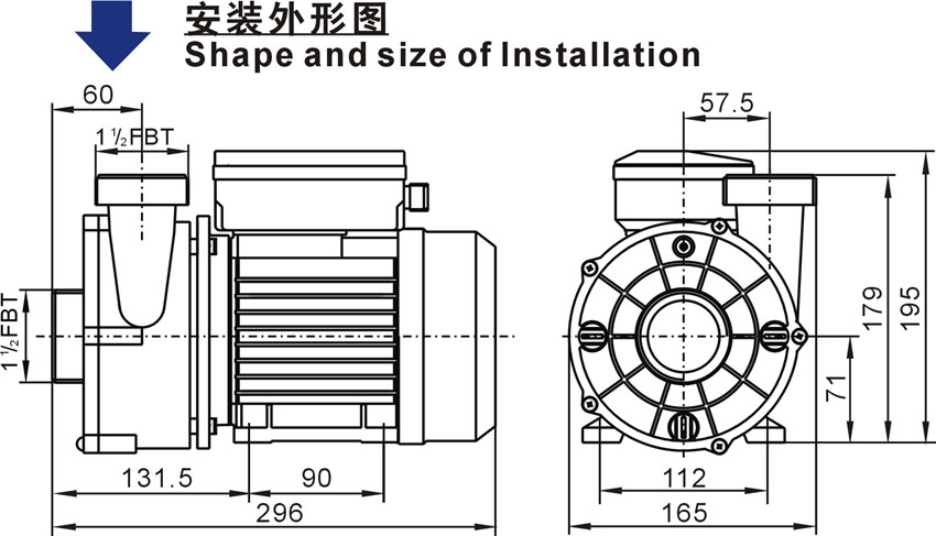 歐洲款四極雙頻循環(huán)泵WTC50M安裝外形圖